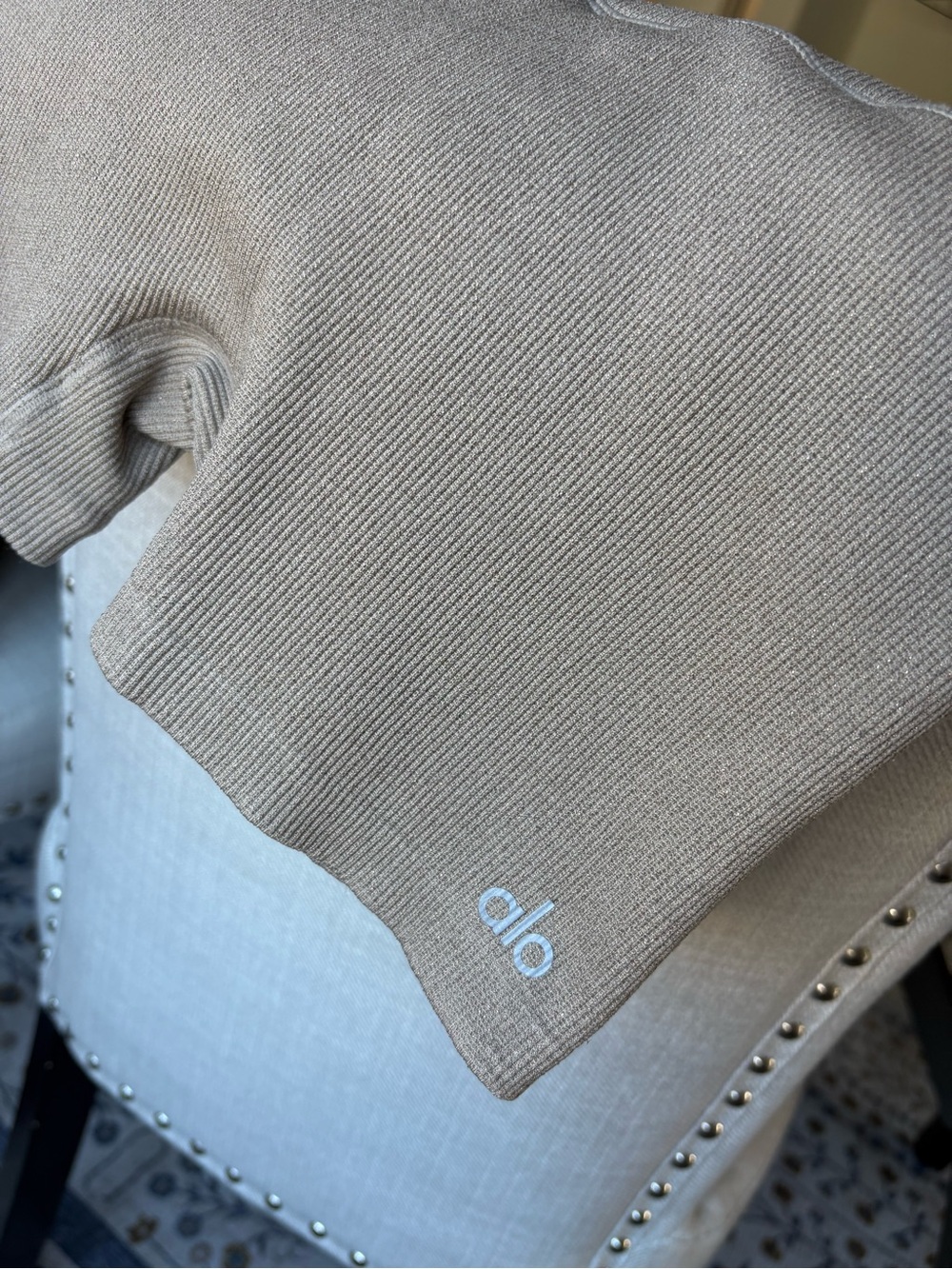 ALO Yoga Ribbed High-Rise Seamless Shimmer Bike Shorts in Taupe Gravel Small - Picture 8 of 8